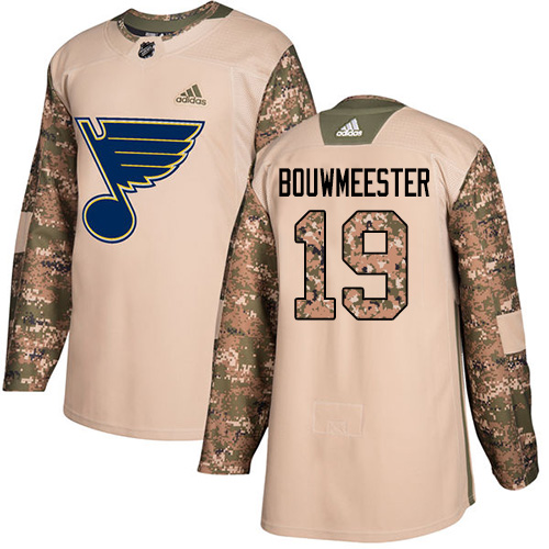 Adidas Blues #19 Jay Bouwmeester Camo Authentic Veterans Day Stitched NHL Jersey